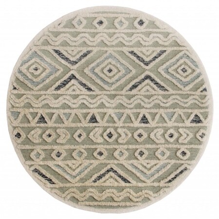 Homeroots 4 ft. Round Gray, Cream & Blue Modern Geometric Area Rug 396184